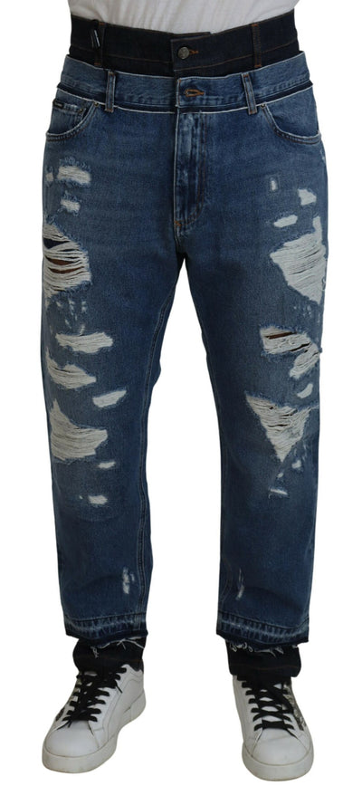 Blue Tattered Cotton Cropped Denim Jeans