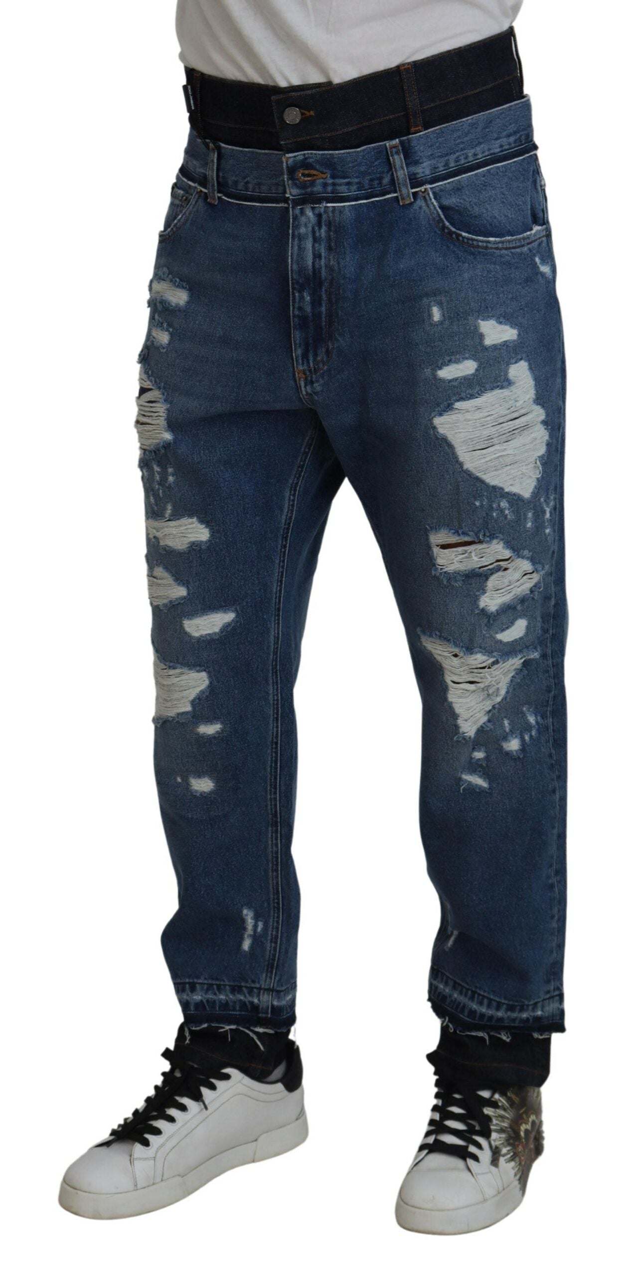 Blue Tattered Cotton Cropped Denim Jeans