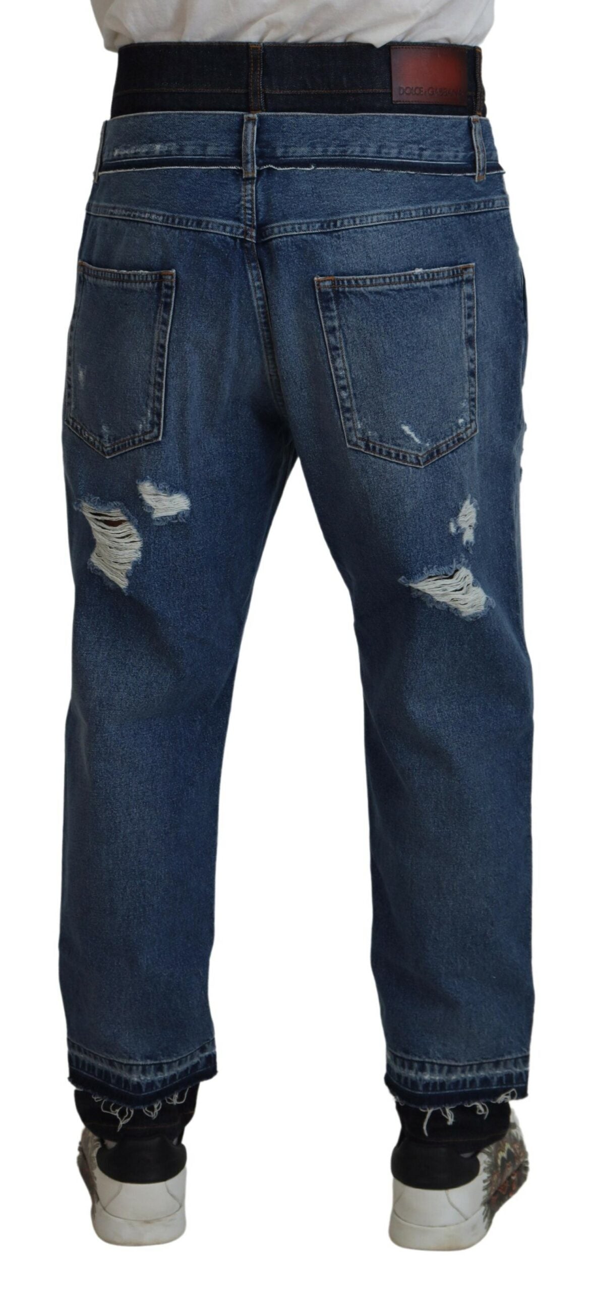 Blue Tattered Cotton Cropped Denim Jeans