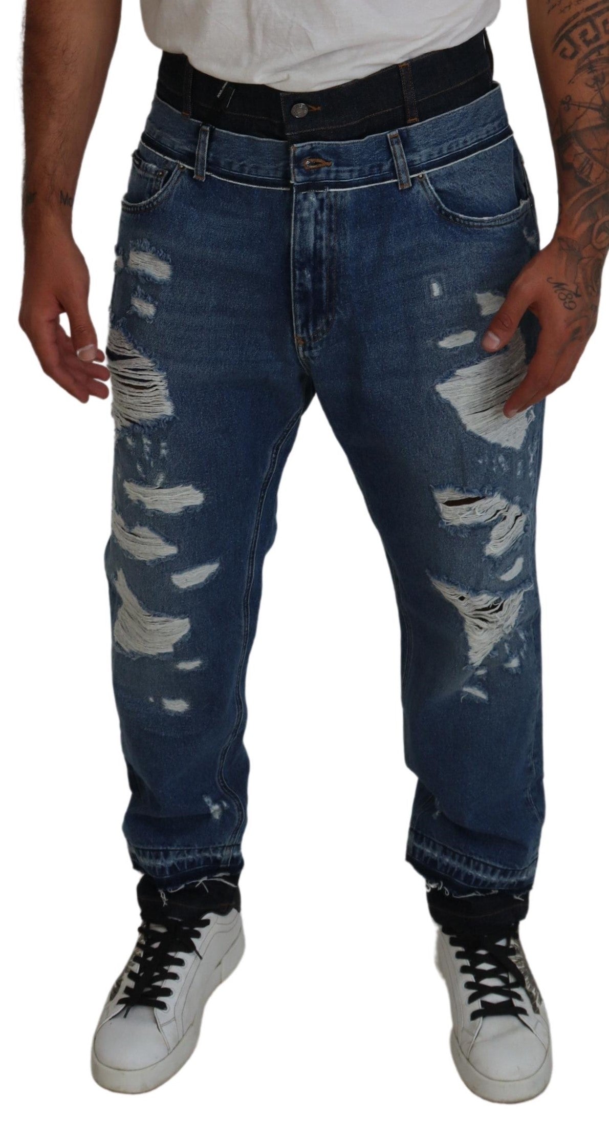 Blue Tattered Cotton Cropped Denim Jeans