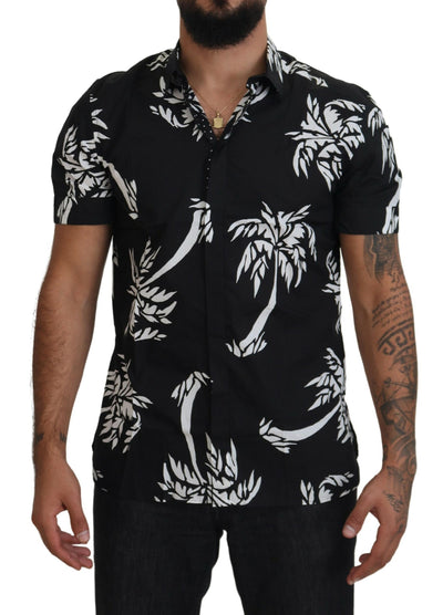 Black Palm Tree Cotton Silk Short Sleeve Shirt