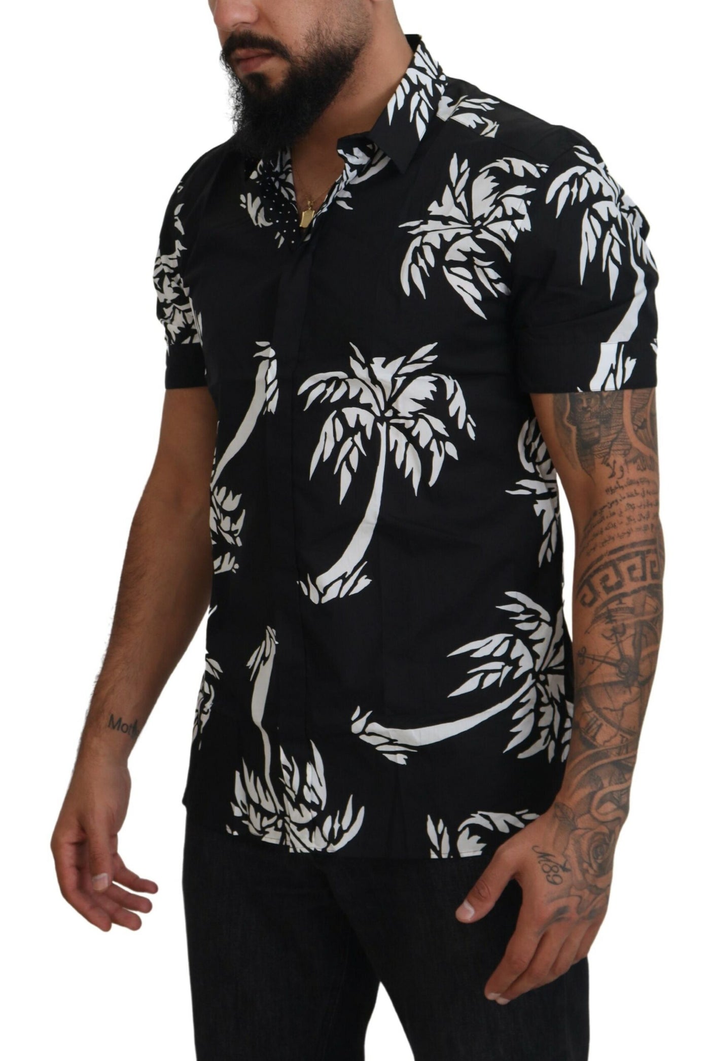 Black Palm Tree Cotton Silk Short Sleeve Shirt