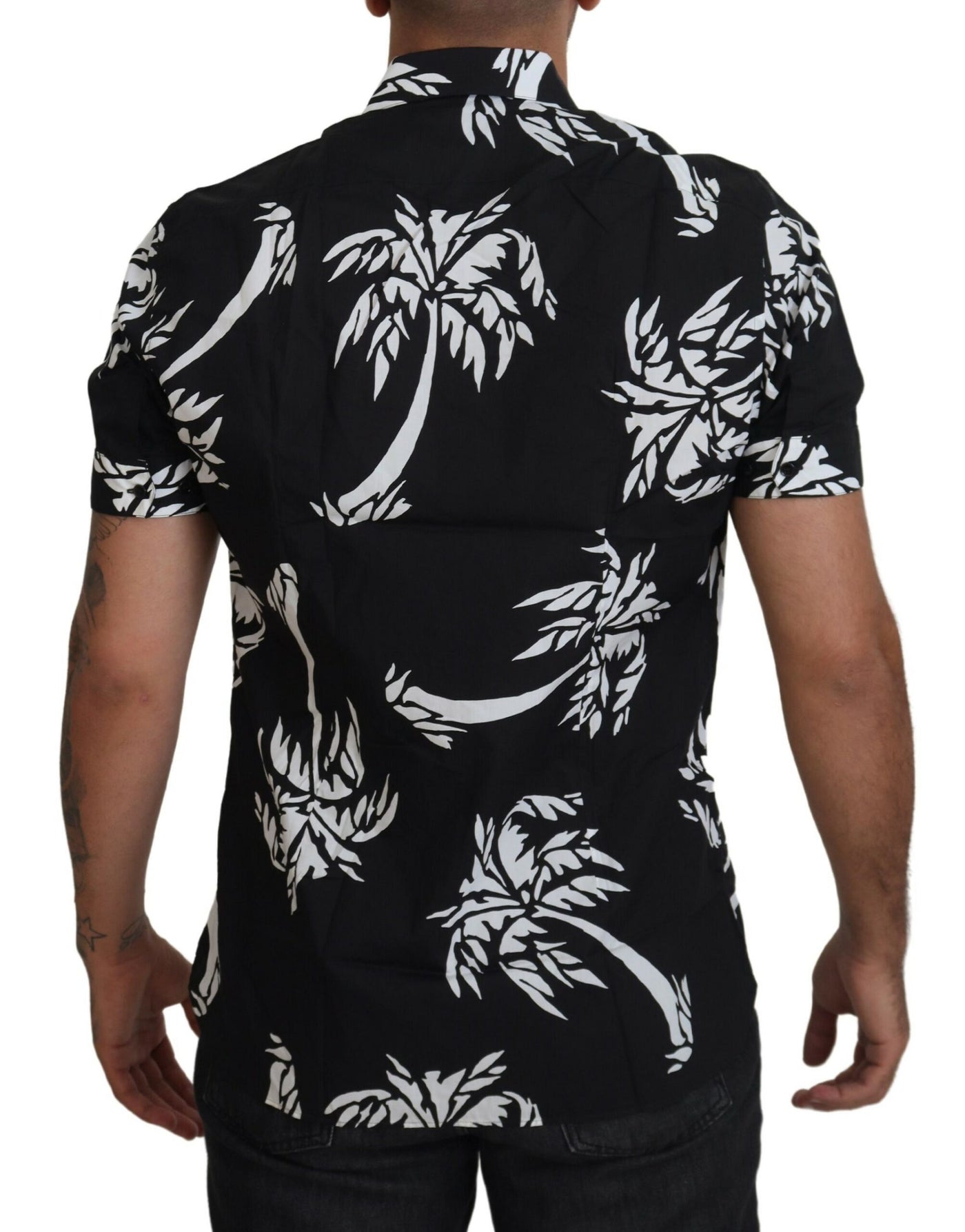 Black Palm Tree Cotton Silk Short Sleeve Shirt