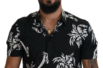 Black Palm Tree Cotton Silk Short Sleeve Shirt