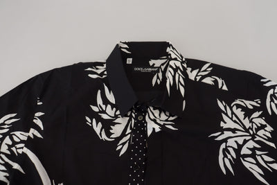 Black Palm Tree Cotton Silk Short Sleeve Shirt