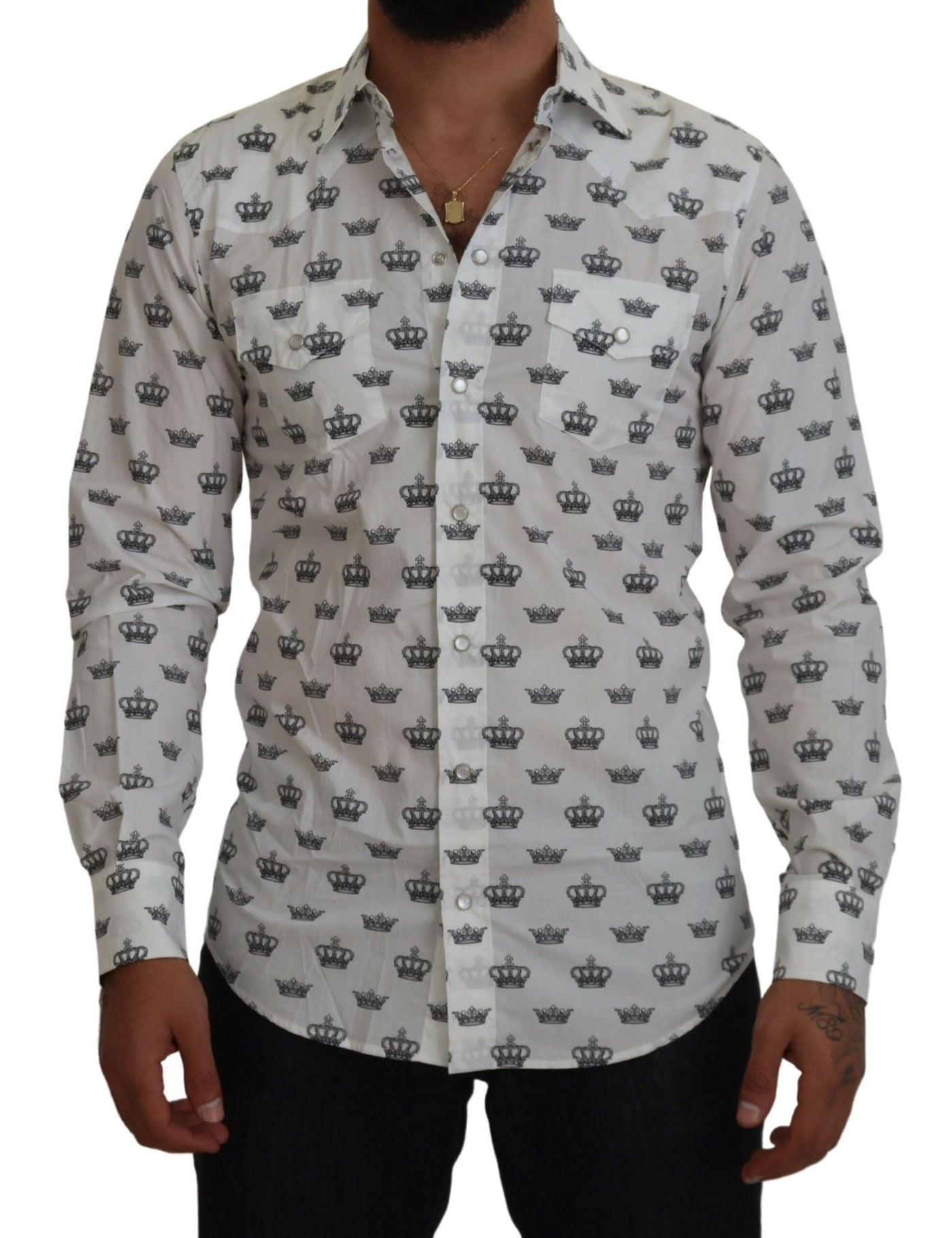 White Crown Print Slim Fit Cotton Shirt