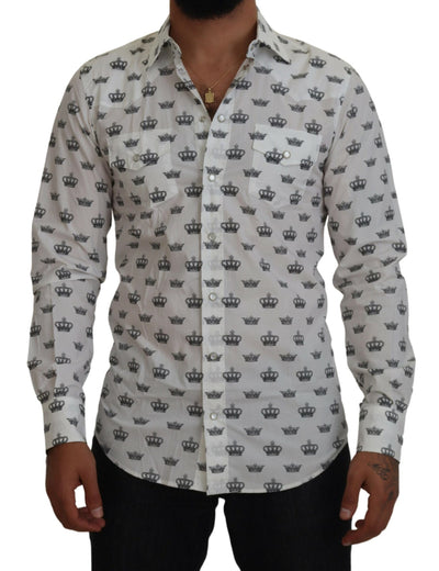 White Crown Print Slim Fit Cotton Shirt