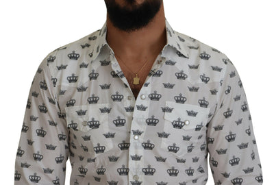 White Crown Print Slim Fit Cotton Shirt