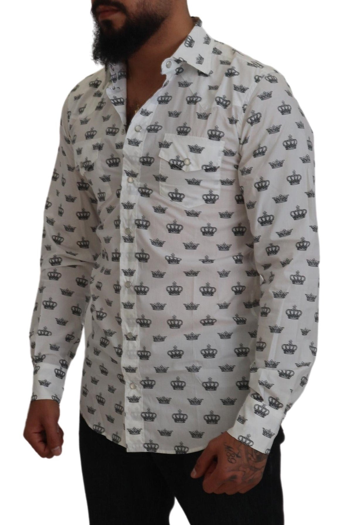 White Crown Print Slim Fit Cotton Shirt