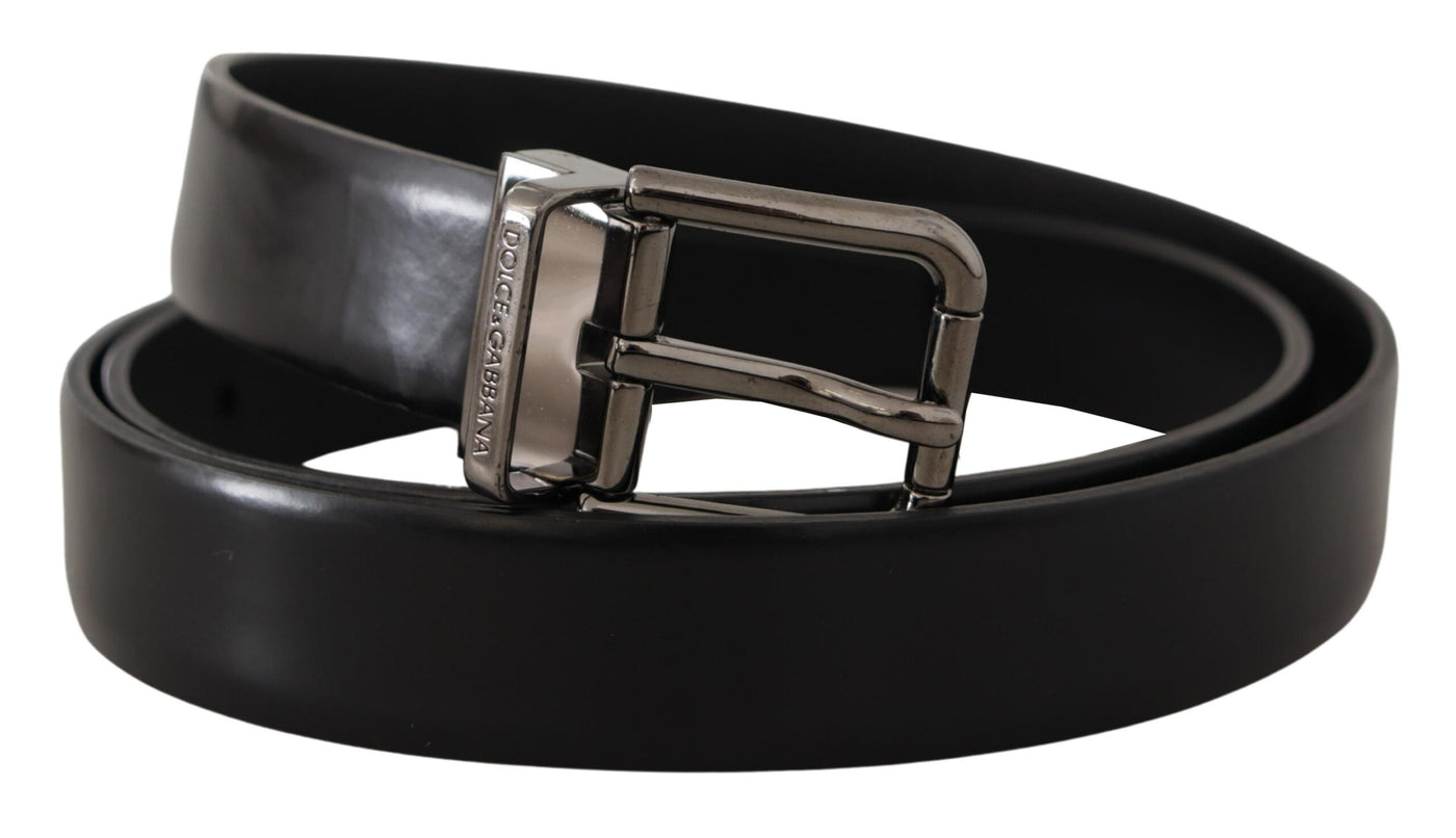 Black Calf Leather Logo Engraved Metal Buckle Belt