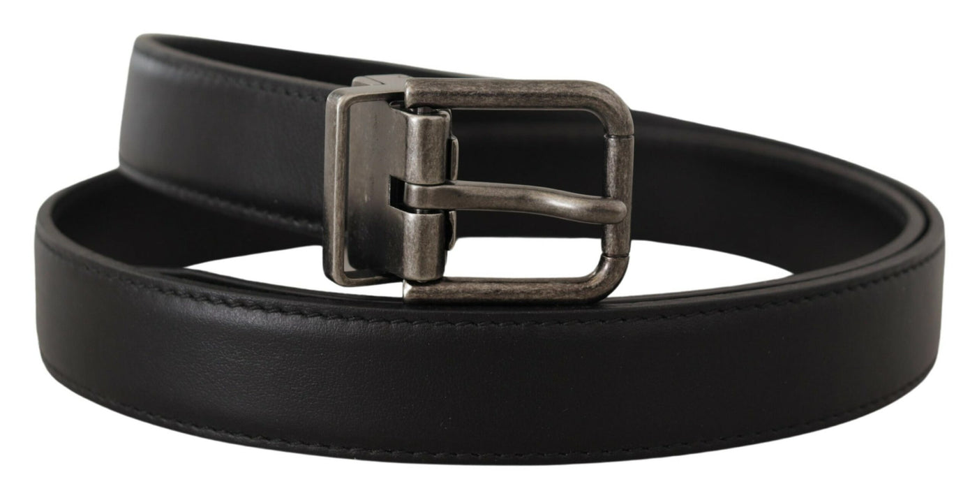 Black Plain Leather Vintage Logo Metal Buckle Belt