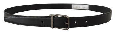 Black Plain Leather Vintage Logo Metal Buckle Belt