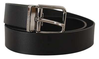 Black Casual Calf Leather Logo Metal Buckle Belt