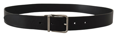 Black Casual Calf Leather Logo Metal Buckle Belt