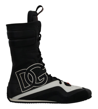 Black Leather Logo Boxing Calf High Sneakers