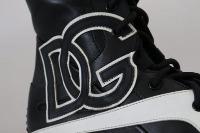 Black Leather Logo Boxing Calf High Sneakers