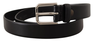 Black Plain Calf Leather Logo Metal Buckle Belt