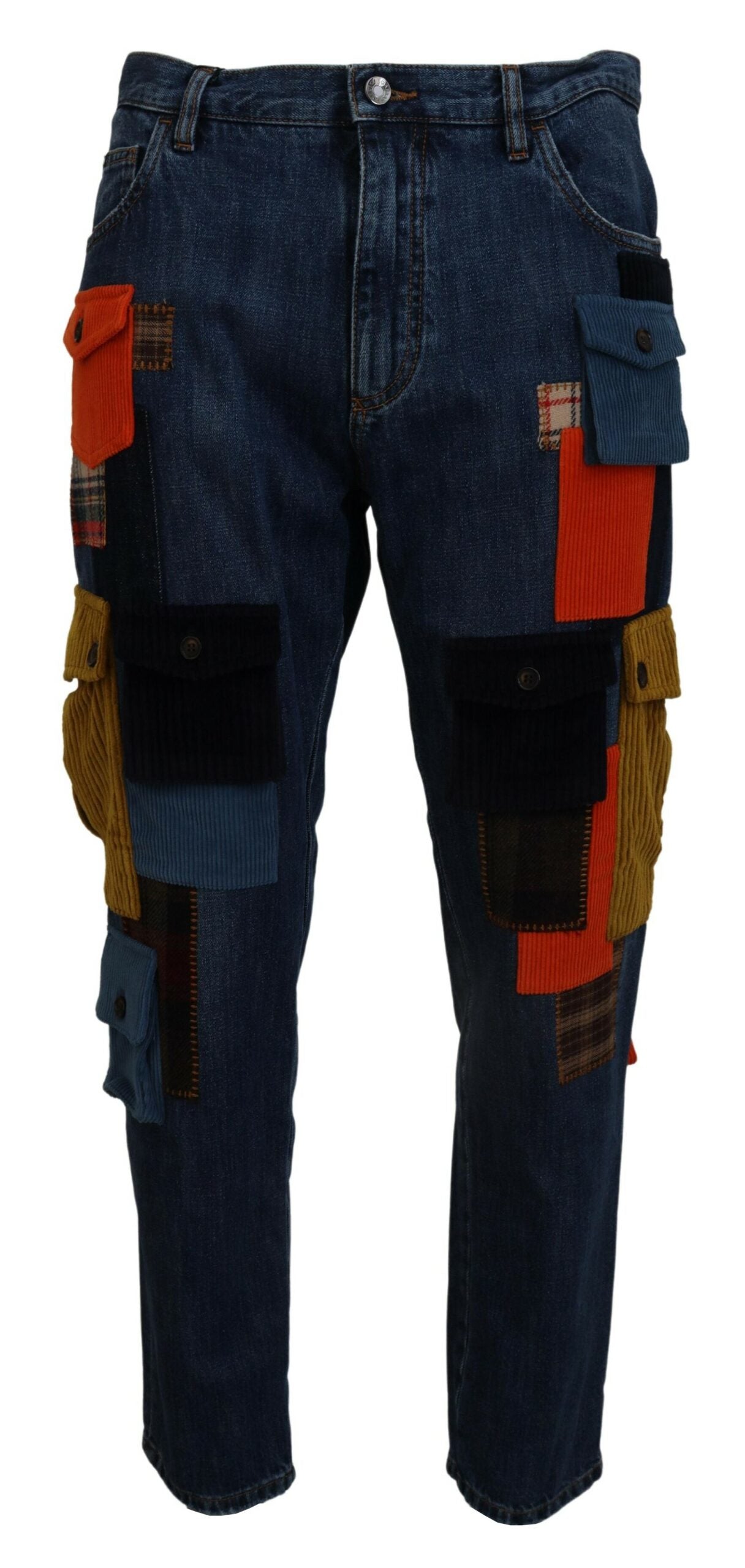 Blue Cotton Blend Cargo Patch Men Denim Jeans