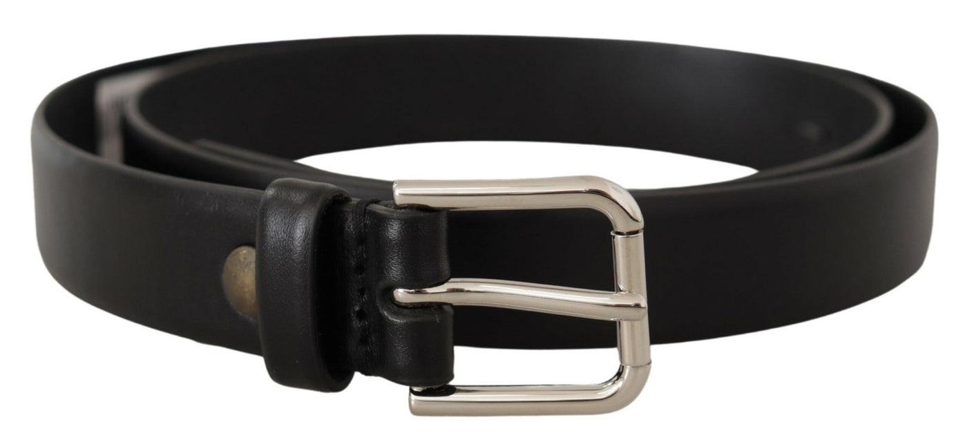 Black Calf Leather Silver Tone Logo Buckle Belt