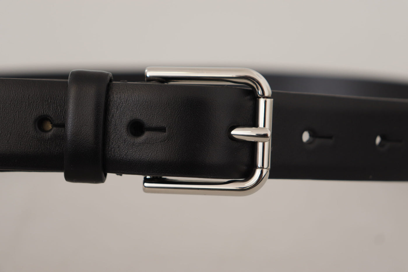 Black Calf Leather Silver Tone Logo Buckle Belt