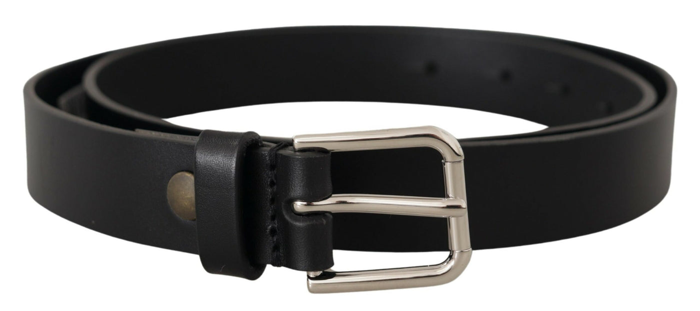 Black Calf Leather Silver Tone Metal Buckle Belt