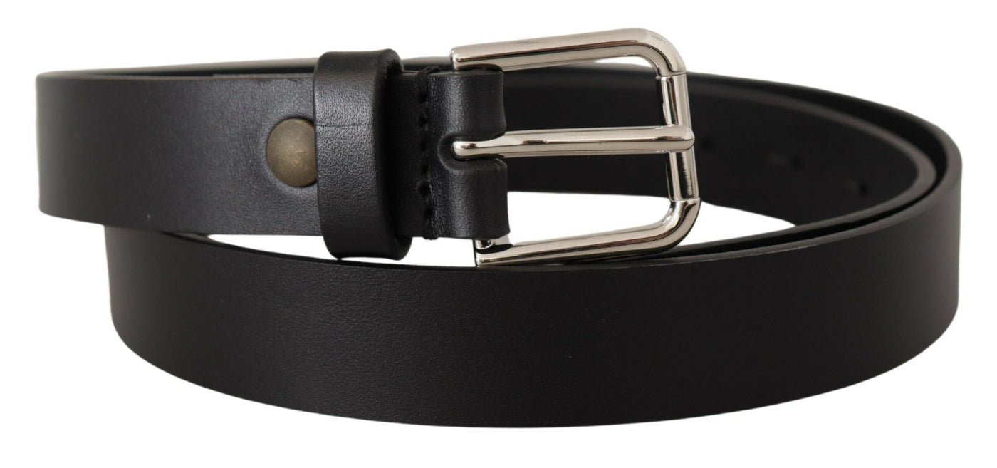 Black Calf Leather Silver Tone Metal Buckle Belt