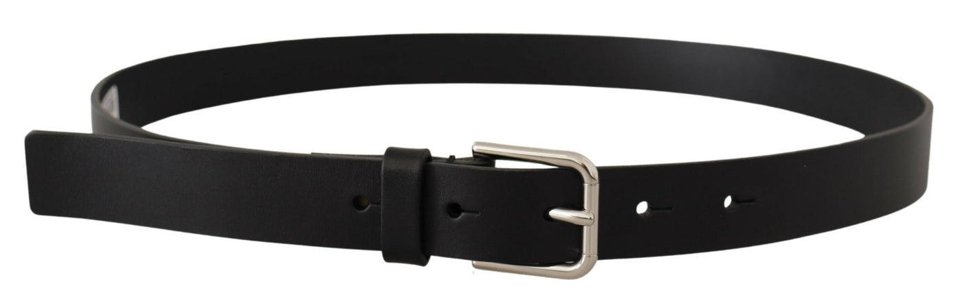 Black Calf Leather Silver Tone Metal Buckle Belt