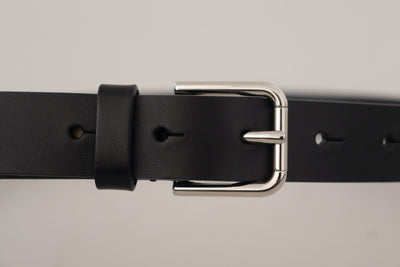 Black Calf Leather Silver Tone Metal Buckle Belt