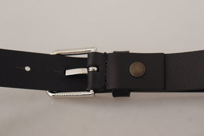 Black Calf Leather Silver Tone Metal Buckle Belt