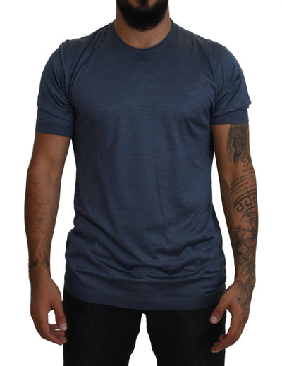 Blue Silk Men Short Sleeve Tops T-shirt