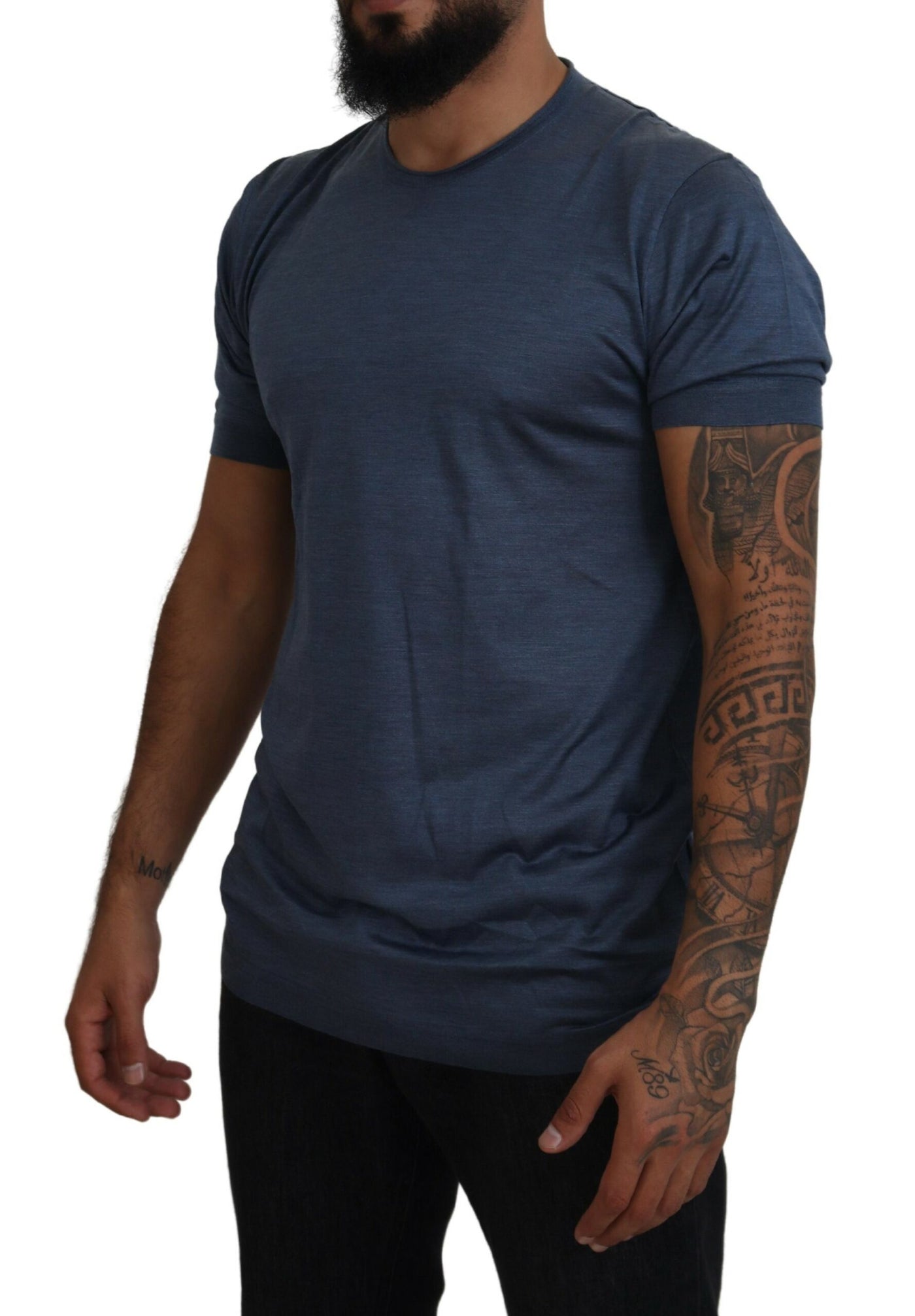 Blue Silk Men Short Sleeve Tops T-shirt