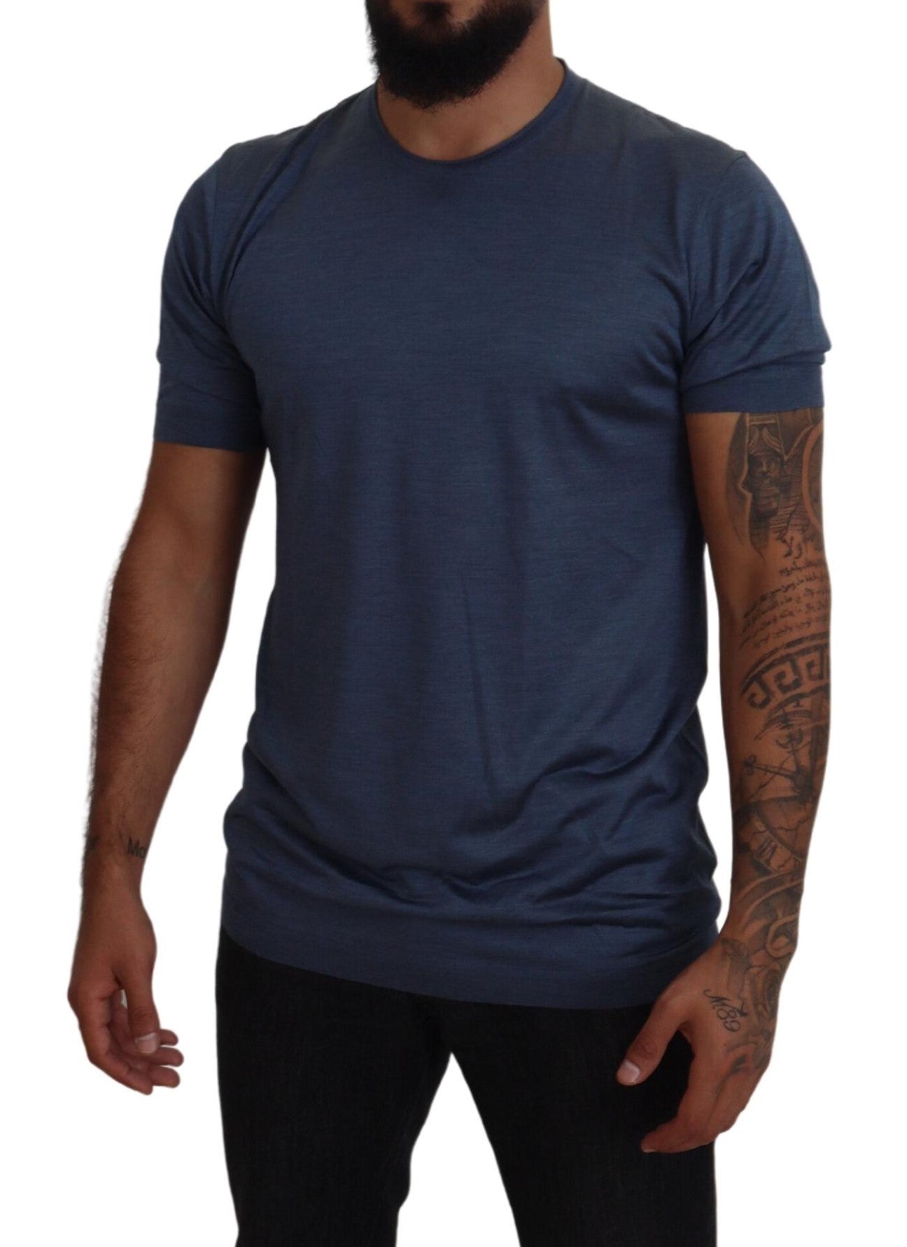 Blue Silk Men Short Sleeve Tops T-shirt