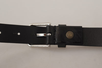 Black Calf Leather Silver Tone Logo Metal Buckle Belt