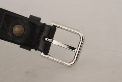 Black Calf Leather Silver Tone Logo Metal Buckle Belt