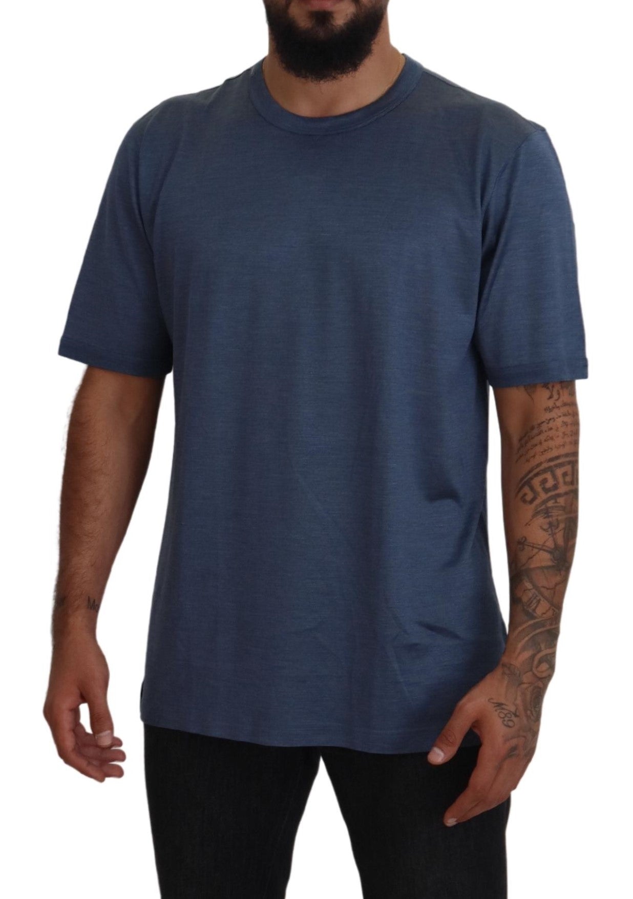 Blue Silk Men Short Sleeve Tops T-shirt