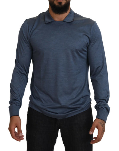 Blue Silk Collar Polo Pullover Sweater