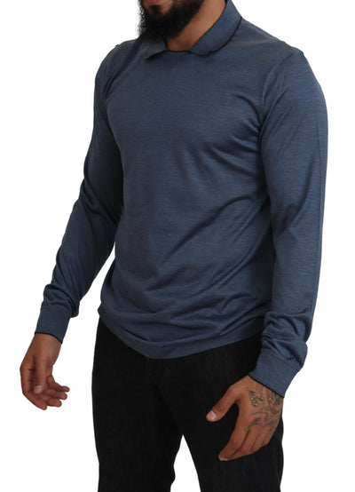 Blue Silk Collar Polo Pullover Sweater