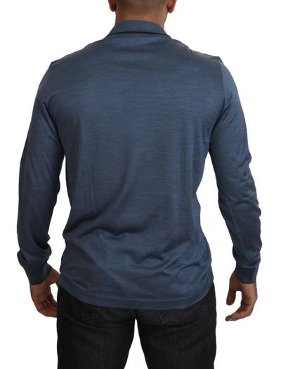 Blue Silk Collar Polo Pullover Sweater