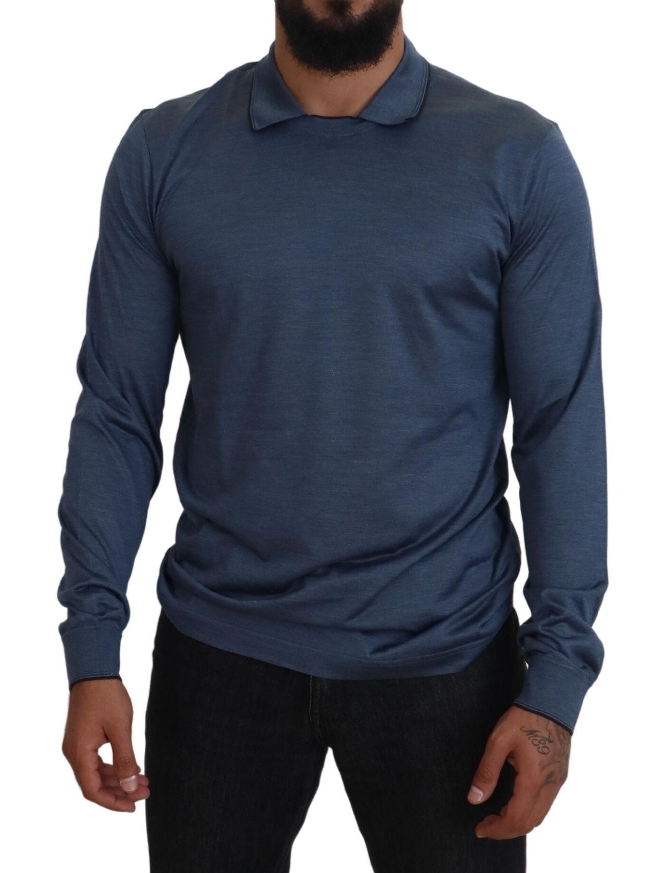 Blue Silk Collar Polo Pullover Sweater