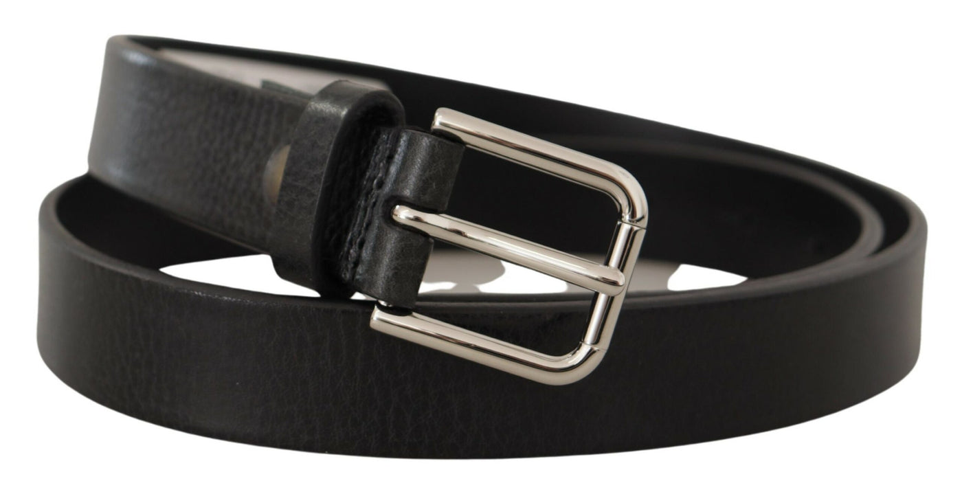 Black Calf Leather Silver Tone Metal Buckle Belt