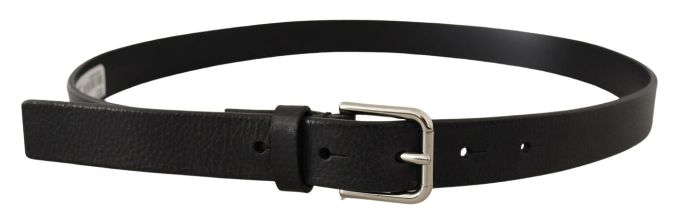 Black Calf Leather Silver Tone Metal Buckle Belt