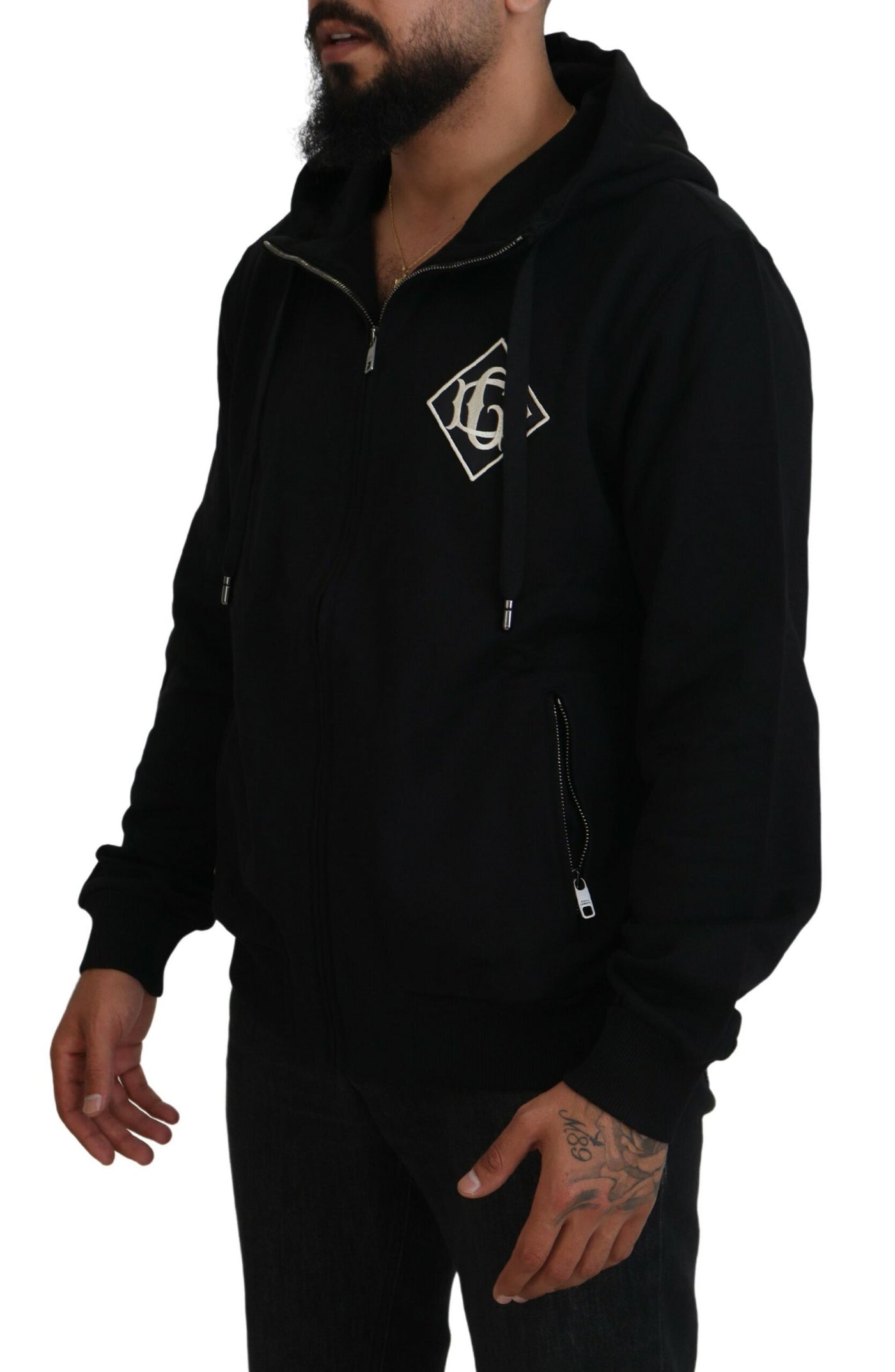 Black DG Logo Cotton Hooded Full Zip Sweater