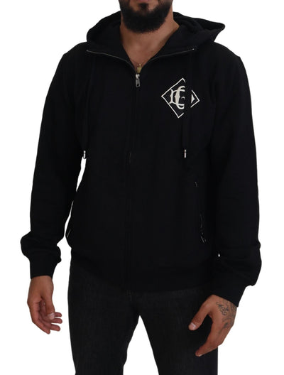 Black DG Logo Cotton Hooded Full Zip Sweater