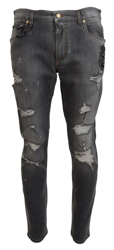 Gray Embroidery Tattered Slim Fit Denim Jeans