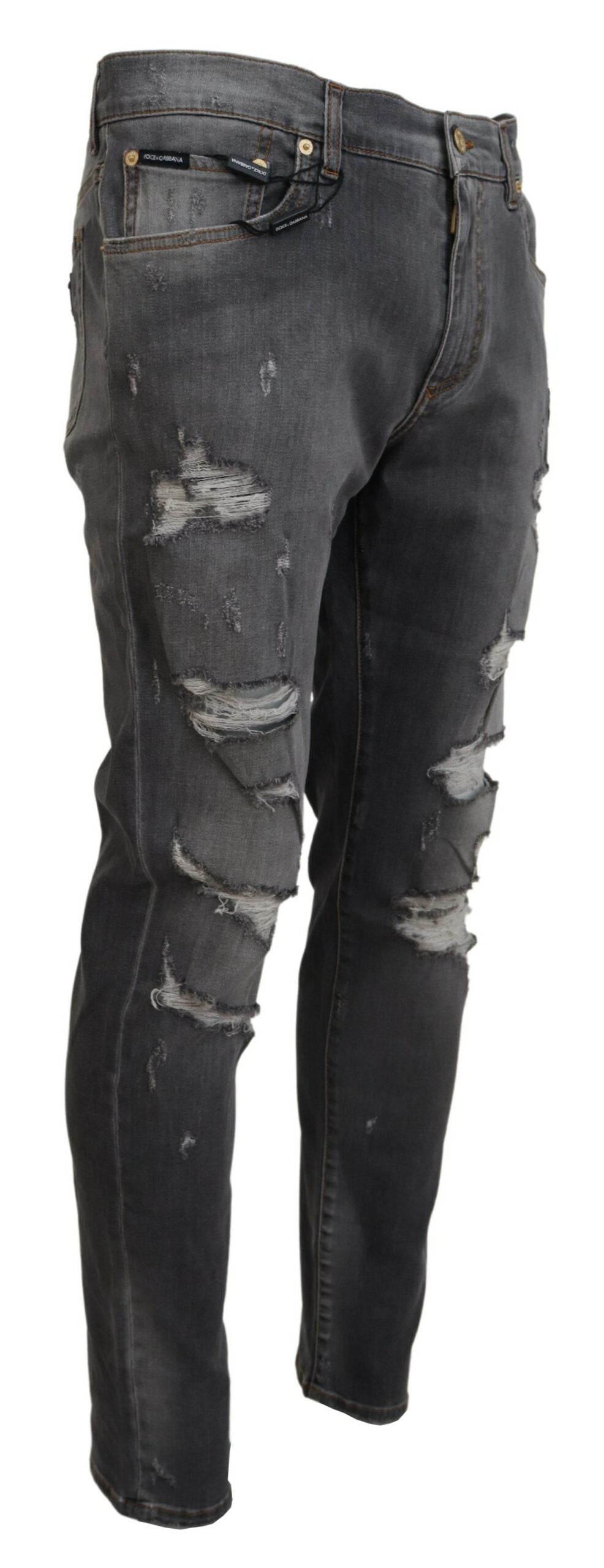 Gray Embroidery Tattered Slim Fit Denim Jeans