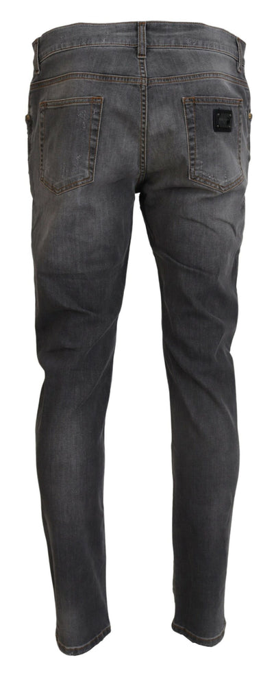 Gray Embroidery Tattered Slim Fit Denim Jeans