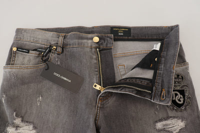 Gray Embroidery Tattered Slim Fit Denim Jeans