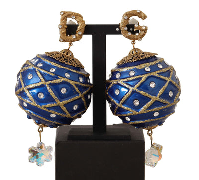 Gold Brass Blue Christmas Ball Crystal Clip On Earrings