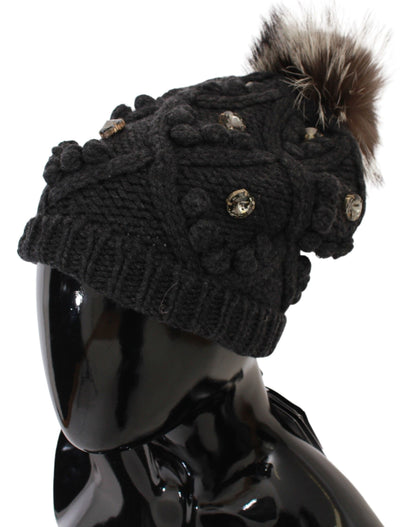 Gray Cashmere Fur Crystal Winter Beanie Hat