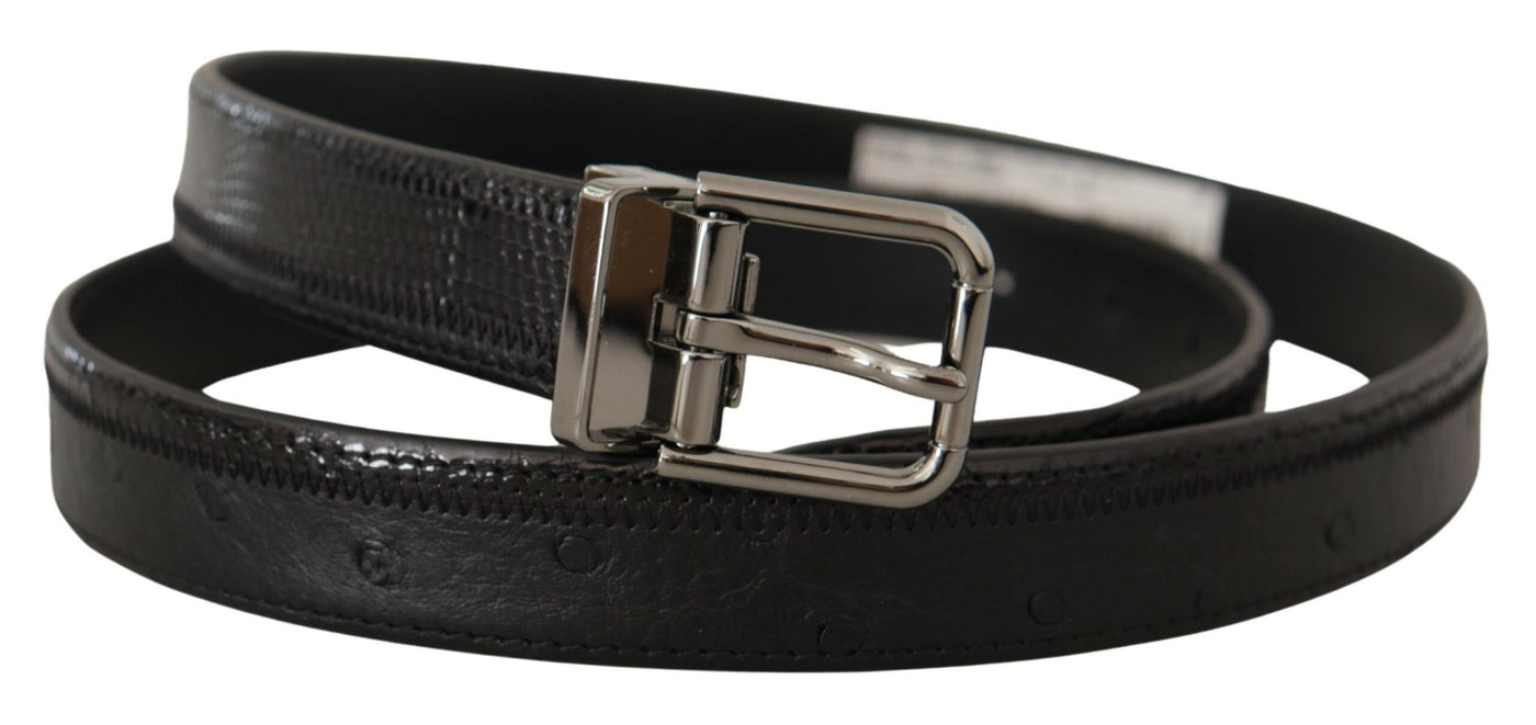 Black Ostrich Exotic Leather Logo Metal Buckle Belt